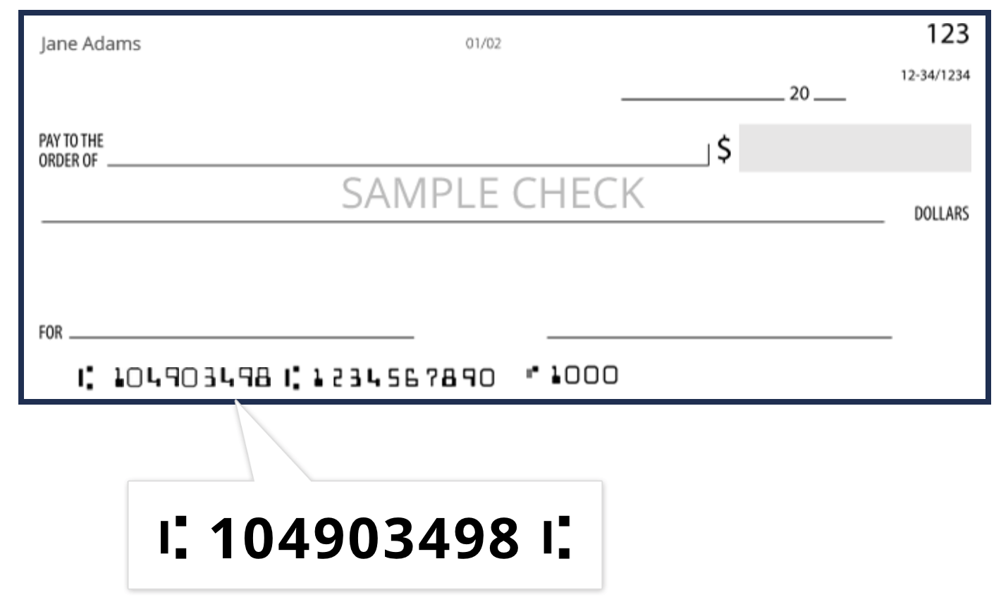sample check showing routing number: 104903498